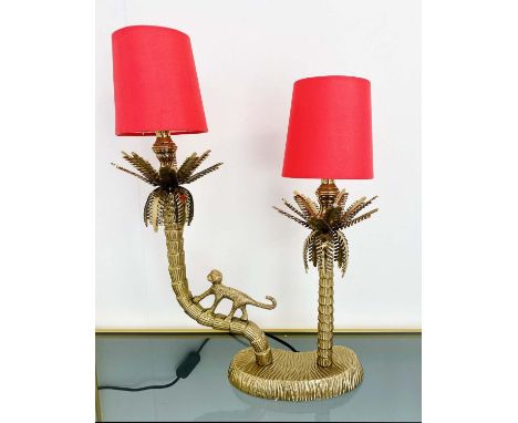 TABLE LAMP, 50cm H x 32cm W x 15cm  d, in the form of a monkey climbing a tree, gilt metal finish, red shades 