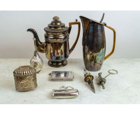QUANTITY OF SILVER AND PLATE, including a 925 sterling tea caddy, an engine turned card case, a rosewater springer, two bottl