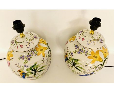 TABLE LAMPS, a pair, glazed ceramic with birds among the trees design 46cm x 27cm x 27cm. (2) 