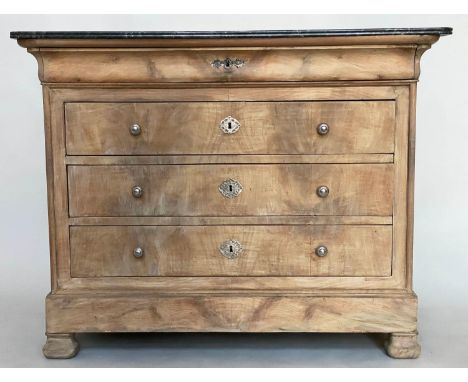 COMMODE, 19th century French Louis Philippe walnut with four long drawers and silvered metal mounts and marble top, 130cm W x
