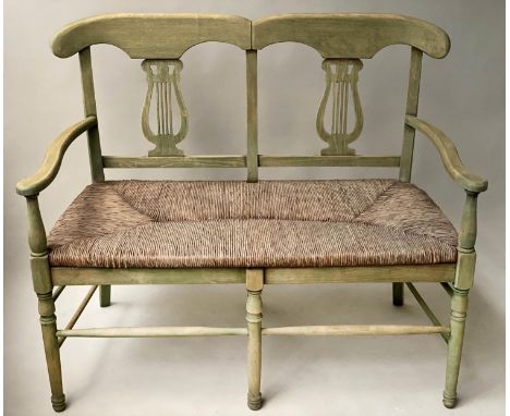 HALL BENCH, vintage, green stained, with raised lyre back and rush seat, 114cm W. 
