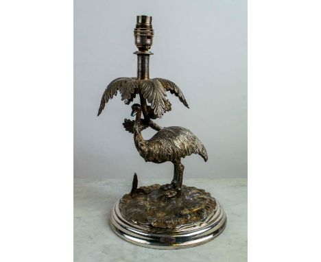 JAMES DEAKIN AND SONS LAMP, 19th century silver plate, ostrich under palm tree. 