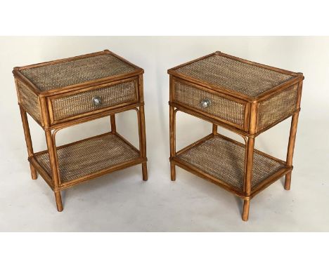 BAMBOO LAMP TABLES, a pair, cane panelled each with drawer and undertier, 42cm x 30cm x 52cm H. (2) 
