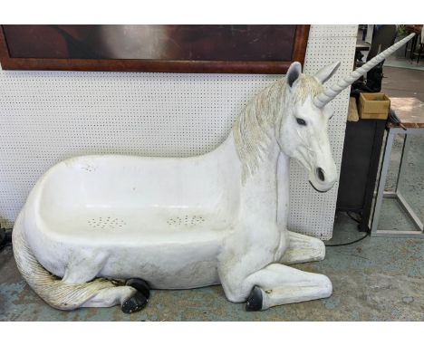 UNICORN BENCH, 180cm x 71cm x 133cm, polychrome finished fibre glass with glitter detail. 