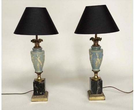 TABLE LAMPS, a pair, Neo Classical vase form blue and white Wedgewood style ceramic, gilt metal mounted with variegated black