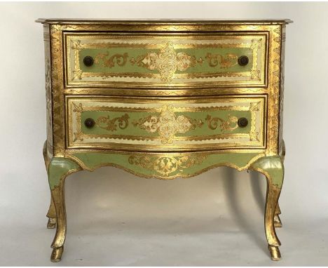 FLORENTINE COMMODE, mid 20th century Italian white, green and gilt incised decoration of serpentine form, with two drawers, 9
