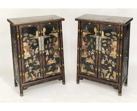 CHINESE CABINETS, a pair, lacquered and gilt Chinoiserie decorated with two doors each enclosing a shelf, 64cm W. (2) 