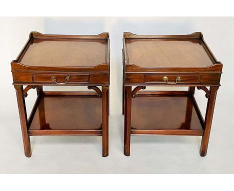 LAMP TABLES, a pair, George III design mahogany each galleried with drawer and undertier, 50cm x 50cm x 62cm H. (2) 