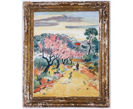 YVES BRAYER, 'Provence', Man with dog, lithograph, 1972, printed by Mourlot, vintage French frame, 63cm x 49cm. 