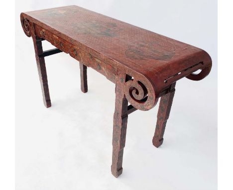 ALTAR/SCRIBES TABLE, 19th century Chinese scarlet lacquered painted and incised with scroll ends, 132cm x 46cm x 82cm H. 