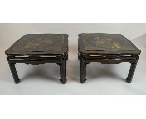 LAMP TABLES, a pair, Chinese black lacquer, with shaped serpentine edge and cartouche tops with traditional handpainted gilt 