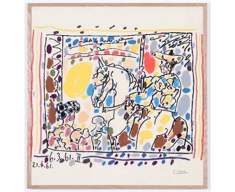 AFTER PABLO PICASSO, Toros on silk, signed in the plate, 81cm x 79cm. 