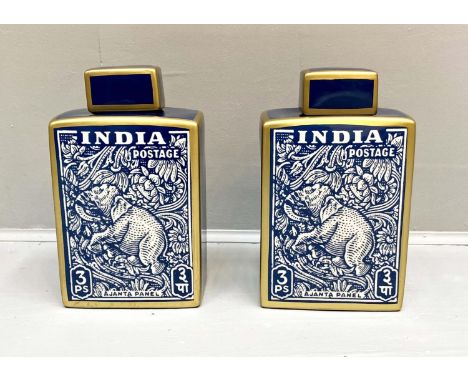 GINGER JARS, a pair, 32cm H x 18cm W x 12cm D, glazed ceramic with vintage India postal print design. (2) 