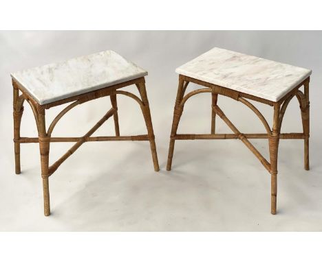 LAMP TABLES, a pair, bamboo and rattan framed and cane bound cross-sectioned and fitted white marble tops, 31cm x 51cm x 52cm