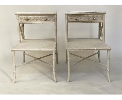 LAMP/BEDSIDE TABLES, a pair, faux bamboo framed with marble tops, drawer and undertier, 47cm W x 67cm D x 67cm H. (2) 
