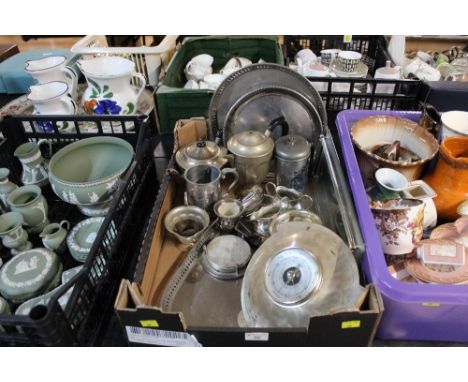 Box of silver plate - barometer, tankard, trays