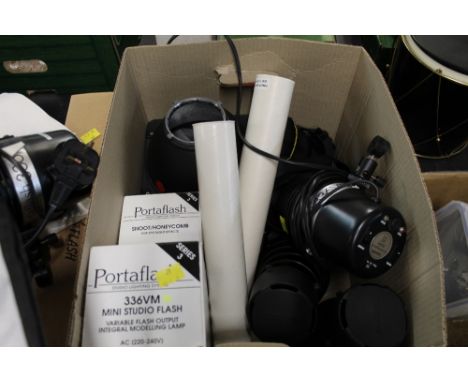 Box of camera equipment - lighting etc