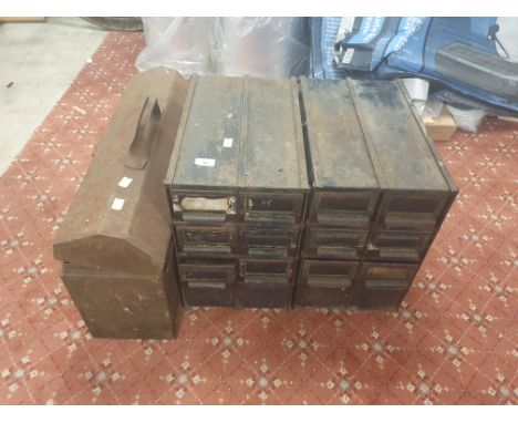 Metal tool trunk &amp; 2 flights of metal drawers