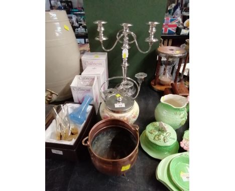 2 silver plated candelabras, copper cauldron and a Carltonware lidded jar
