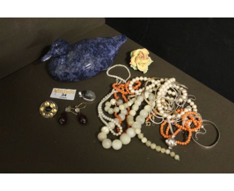 Blue ceramic duck ornament &amp; bag of costume jewellery