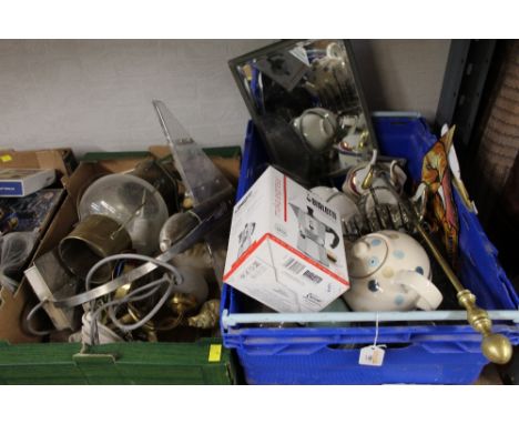 2 boxes of metal light fittings, dinner &amp; tea ware, bevelled mirror &amp; espresso cafetiere