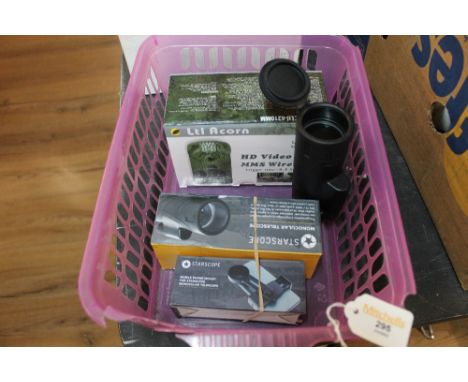 Basket of Game camera, 2 minoculars one Starscope minocular telescope and a mobile phone mount