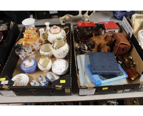 2 boxes of mixed ceramics - Staffordshire Gibsons, horse ornaments, silver plated ware and Kodak Brownie camera