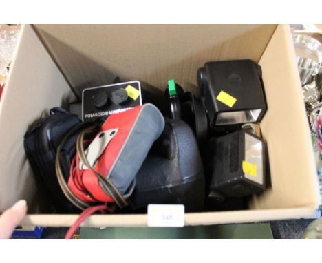 Box of Polaroid cameras &amp; flashguns