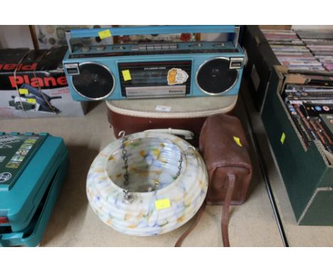 Coloured glass light shade, vintage Panasonic boom box, Coronet Captain Camera &amp; a six cased record player