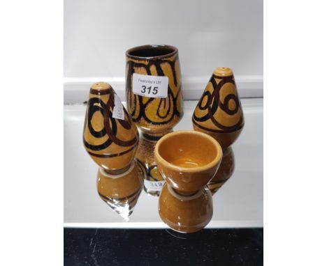 POOLE POTTERY VASE AND SIMILAR STYLED SALT AND PEPPER MILL SET