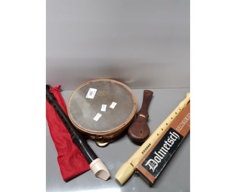 A VINTAGE HOHNER RECORDER TOGETHER WITH OTHER VINTAGE INSTRUMENTS INC TAMBOURINE ETC
