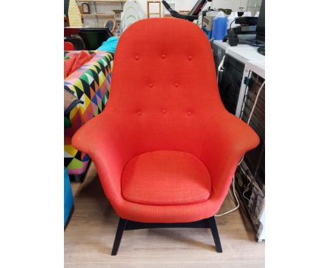 BUTTON BACK FIRESIDE ARMCHAIR UPHOLSTERED IN A ORANGE FABRIC