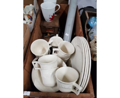 A WOODEN BOX CONTAINING TOOLS VINERS TEA WARE ETC