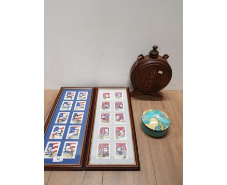 2 FRAMED CIVIL WAR CIGARETTE CARDS TOGETHER WITH A TIFFANY TRINKET AND A MOUNTED FLASK