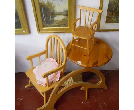 Pine table, rocking chair, miniature chair and dolphin mirror