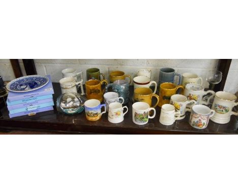 Collection of tankards and Wedgwood plates (whole shelf)