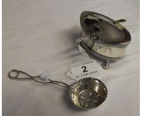 Silver mustard pot and silver straining spoon