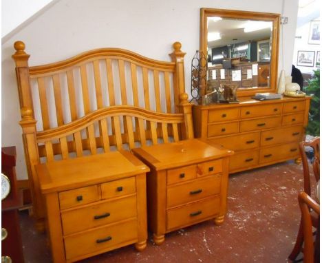 Bedroom suite - Pair of chests of drawers, large chest of drawers, mirror and king size bed