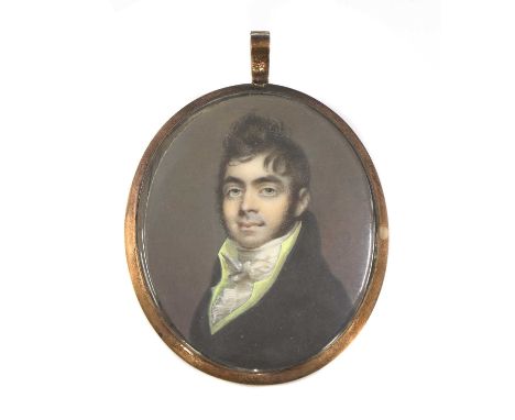 English School, early 19th centuryPortrait of a gentleman in a black coat with yellow collar and white stockon ivory, oval7 x