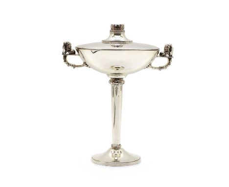 An Art Deco Charles Boyton silver cup and cover, London 1936, the circular base leading to a tapered stem cast with foliate b