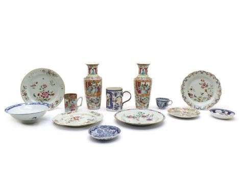 A collection of 19th century Chinese porcelain, comprising: a pair of famille rose vases, blue and white cup/saucer and plate