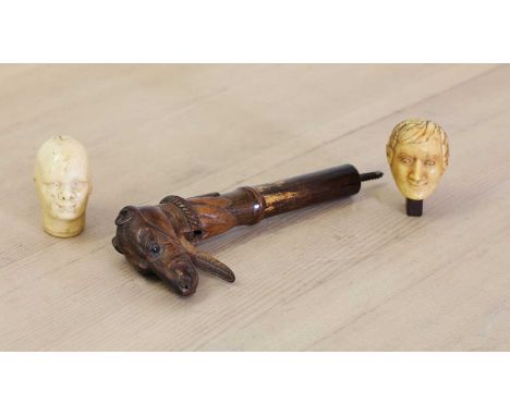 A carved wooden walking stick or parasol handle, 19th century, in the form of a dog's head with an articulated lower jaw and 