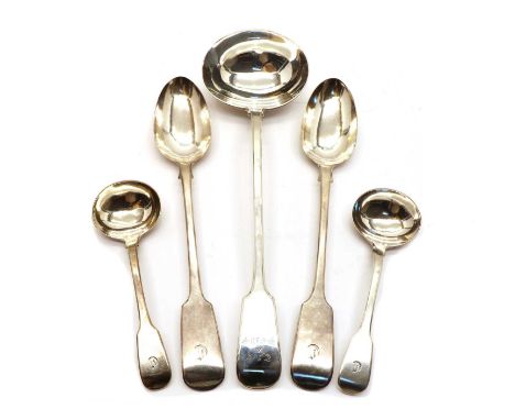 A Victorian Fiddle pattern silver soup ladle, by Elizabeth Eaton, London 1845, 34.5cm long, together with a pair of Victorian