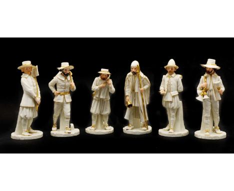 A group of six Royal Worcester porcelain figures, late 19th century, modelled by James Hadley, to include Ye Ratte Killer, 99