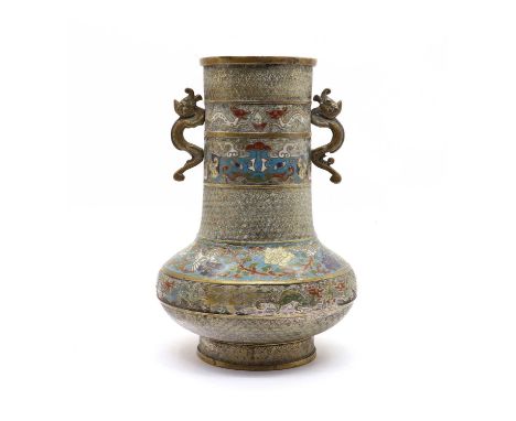 A Chinese champleve enamel vase, early 20th century, 30cm highCondition report: Wear, knocks and losses to enamel. Losses to 