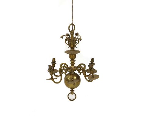 A 17th century style six branch brass chandelier, c.1930, fitted for electricity, 49cm wide, 67cm highCondition report: Dusty