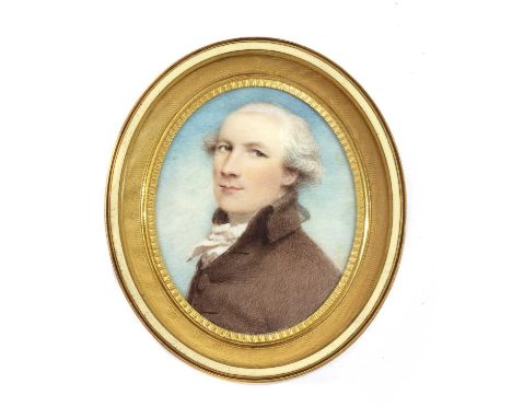 Nathaniel Plimer (1751-1822)Portrait of a gentleman in a brown coat and white stockon ivory, oval5.5 x 4.4cmCondition report: