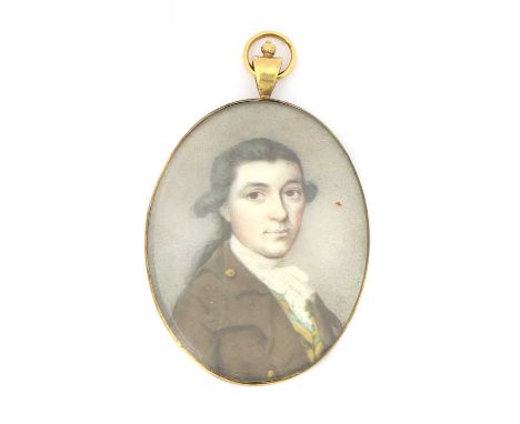 English School, 18th centuryPortrait of a gentleman in a brown coat with a yellow and green striped waistcoat, c.1770on ivory