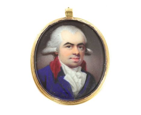 Henry Spicer (c.1743-1804)Portrait of a gentleman wearing a blue jacket with a red collar and white stockenamel on copper, ov