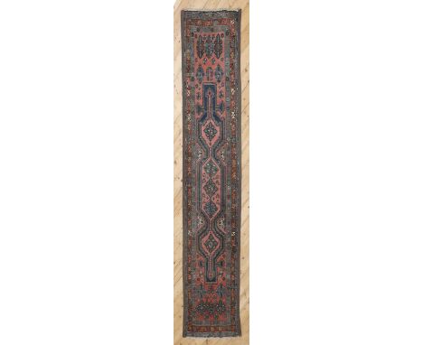A Persian wool runner, 19th century, Heriz, the field woven with various geometric motifs, on a red and blue ground, 408 x 10